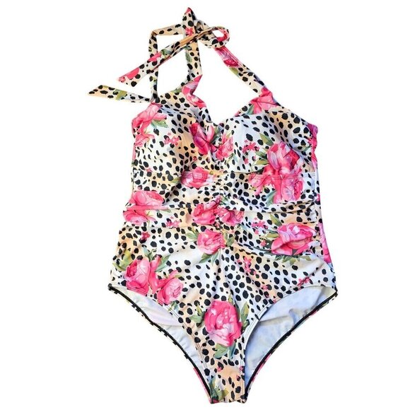 Womens Floral & Leopard Print One-Piece Halter Swimsuit By Noon Swim Size 20 - Picture 3 of 8